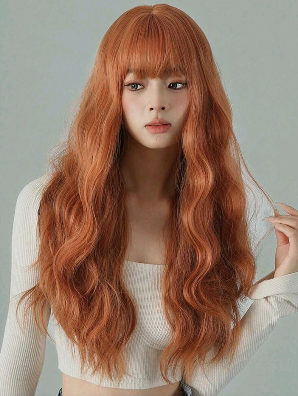 Long Wavy Synthetic Wig with Bangs - Copper Red